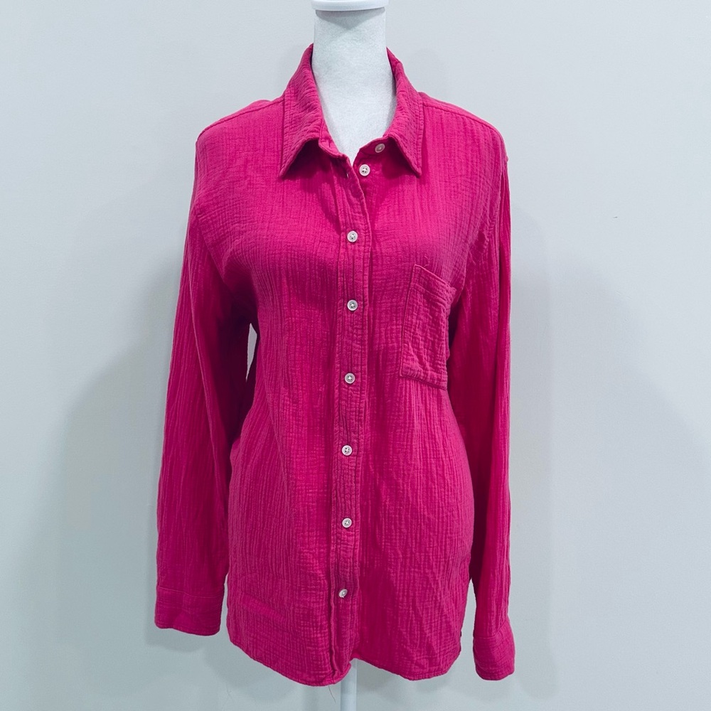 J.CREW CLASSIC Women’s Crinkled Cotton Long sleeve Pink Blouse Size XL‎